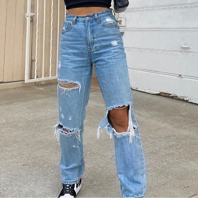 Spot Amazon AliExpress Women's Jeans Trousers Hole Thin Women's Jeans Trousers