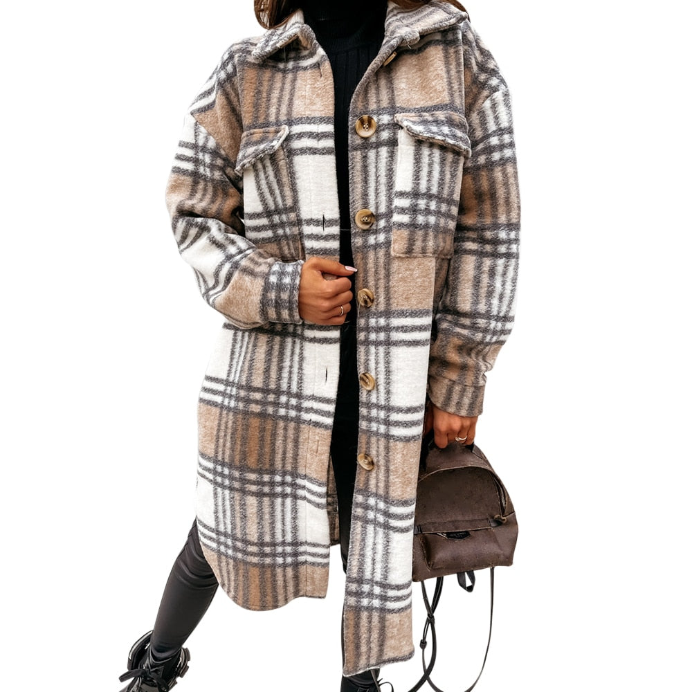 Autumn Winter Women Checked Jacket Casual Turn Down Collar Plaid Long Coat Female Oversized Thick Warm Woolen Blends Overcoat