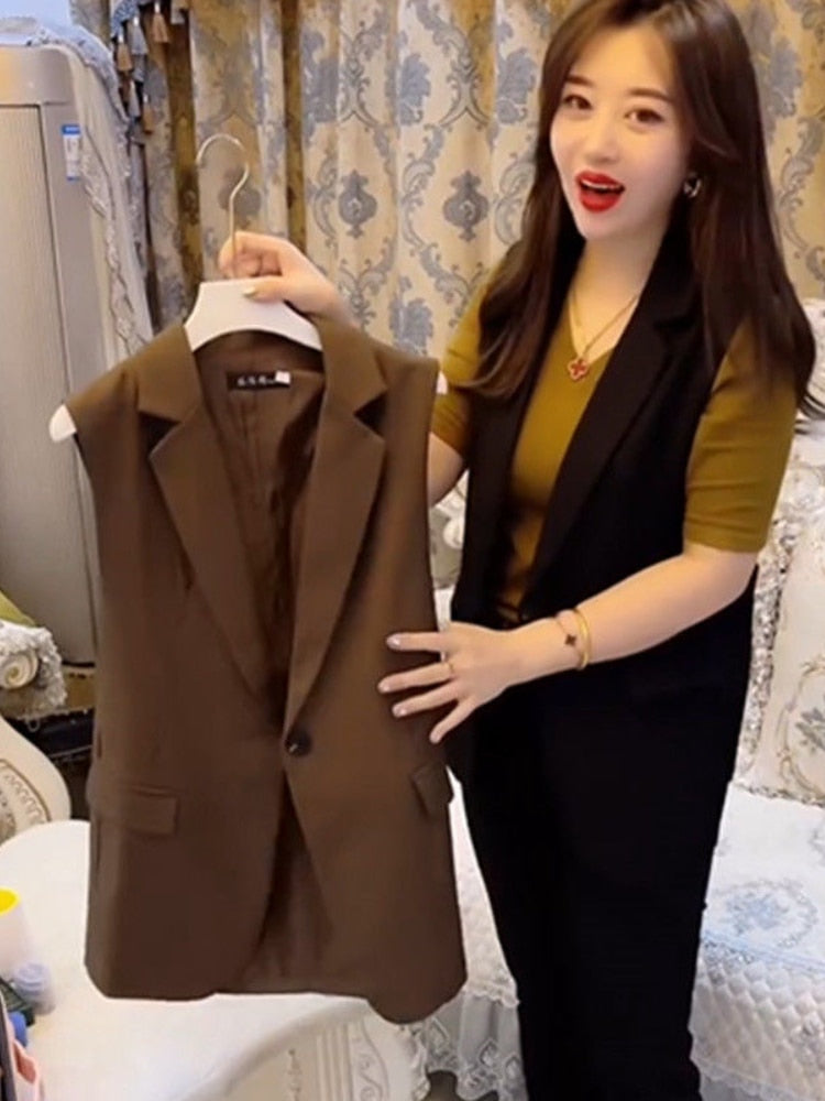 JMPRS Fashion Office Blazer Vest Women Summer Turn-down Collar Single Button Wasitcoat Female Black Sleeveless Jacket New