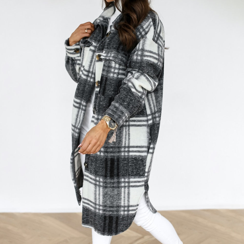 Autumn Winter Women Checked Jacket Casual Turn Down Collar Plaid Long Coat Female Oversized Thick Warm Woolen Blends Overcoat