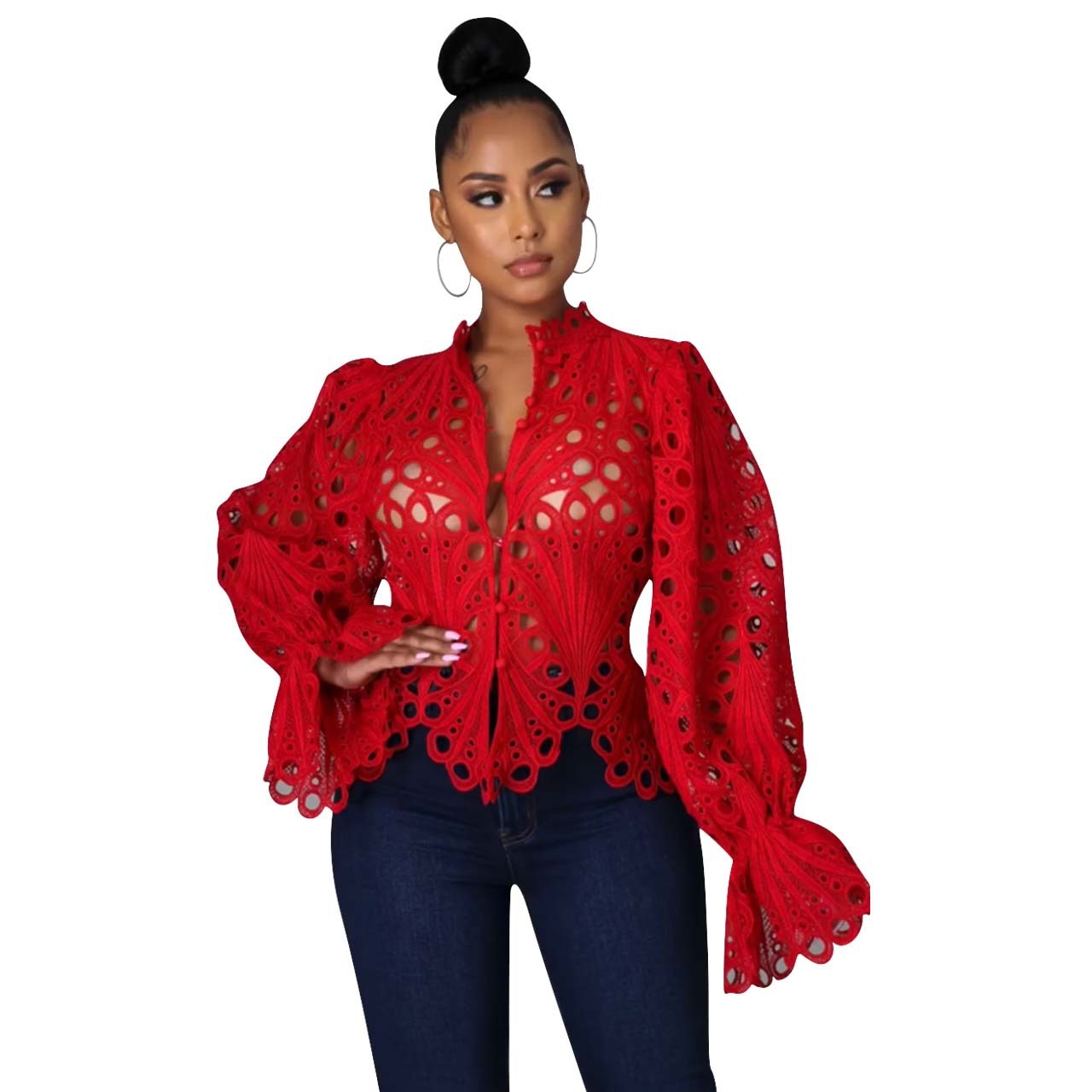 2021 New Elegant Long Sleeve Hollow Out Mesh Lace Shirt Sheer See Through Top Blouse Clothing Dashiki African Shirts For Women