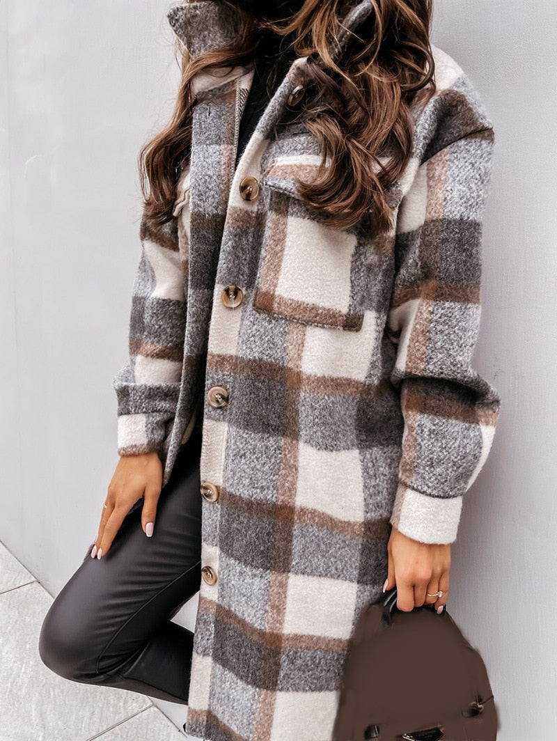 Autumn Winter Women Checked Jacket Casual Turn Down Collar Plaid Long Coat Female Oversized Thick Warm Woolen Blends Overcoat