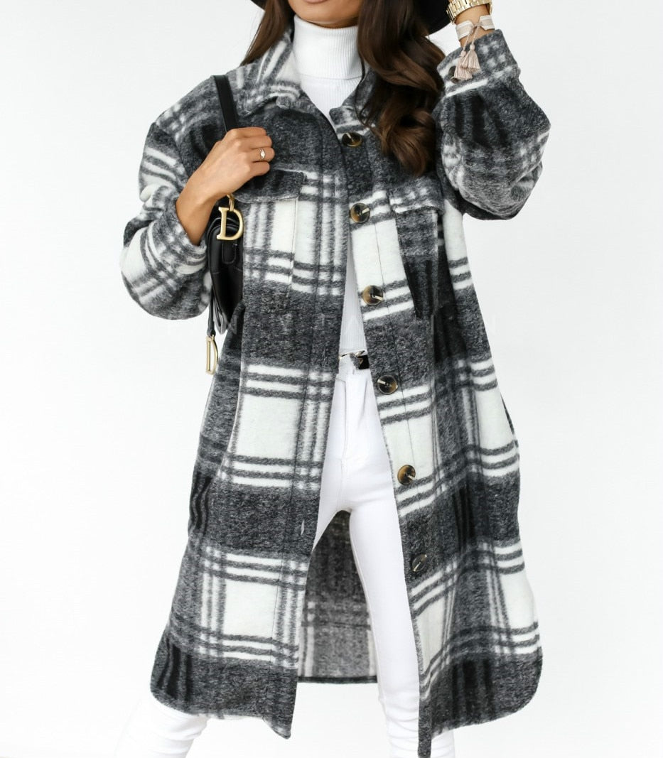Autumn Winter Women Checked Jacket Casual Turn Down Collar Plaid Long Coat Female Oversized Thick Warm Woolen Blends Overcoat