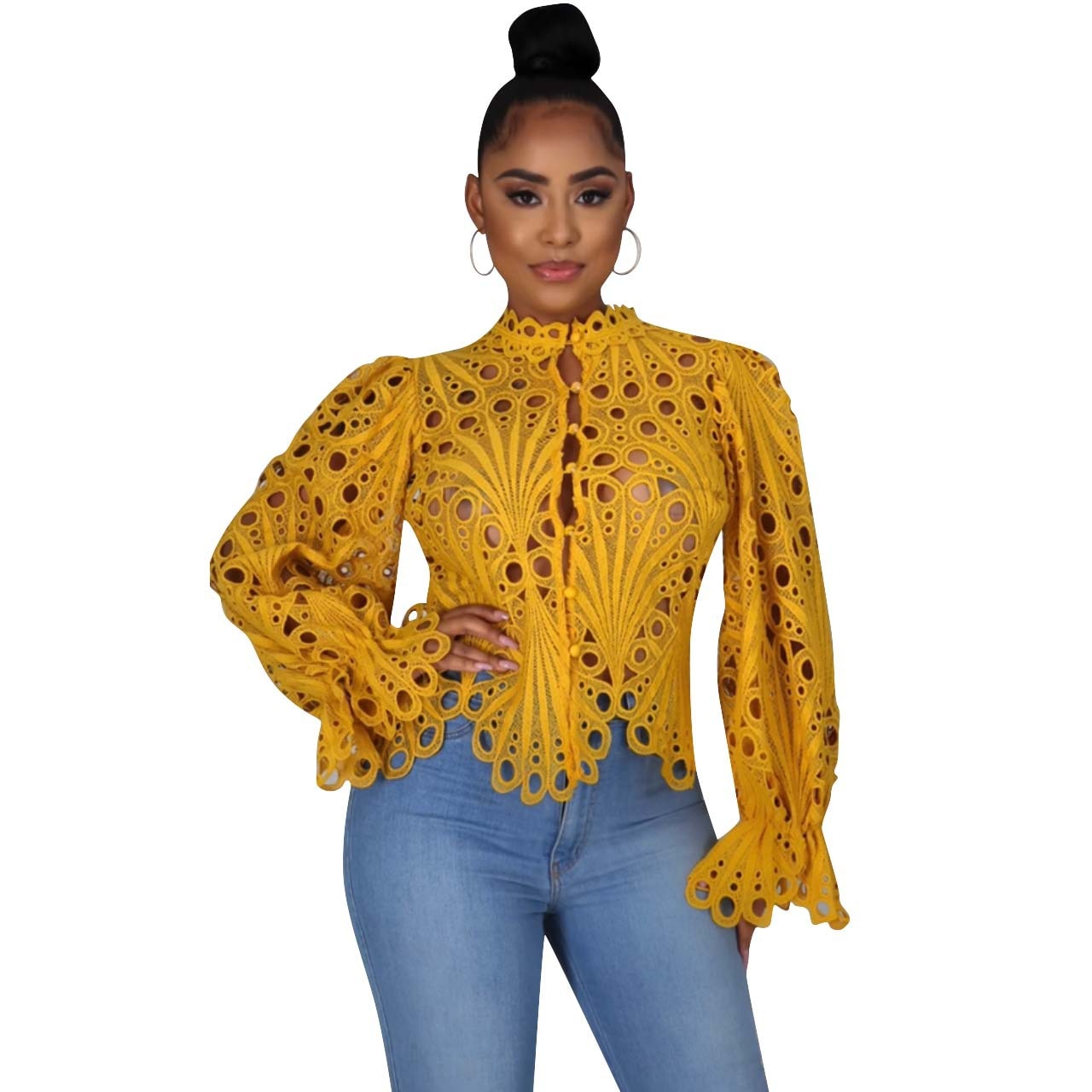2021 New Elegant Long Sleeve Hollow Out Mesh Lace Shirt Sheer See Through Top Blouse Clothing Dashiki African Shirts For Women
