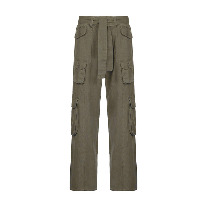 European and American style street hipster women's casual loose drawstring belt high waist pocket gray wide leg denim trousers
