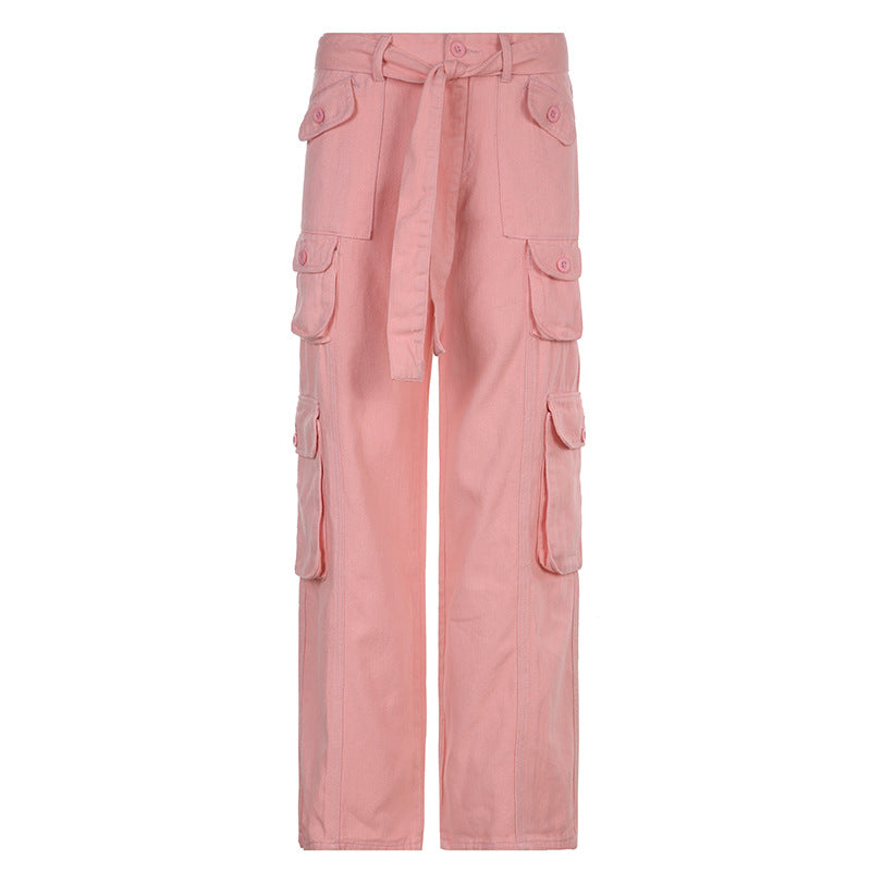 European and American style street hipster women's casual loose drawstring belt high waist pocket gray wide leg denim trousers