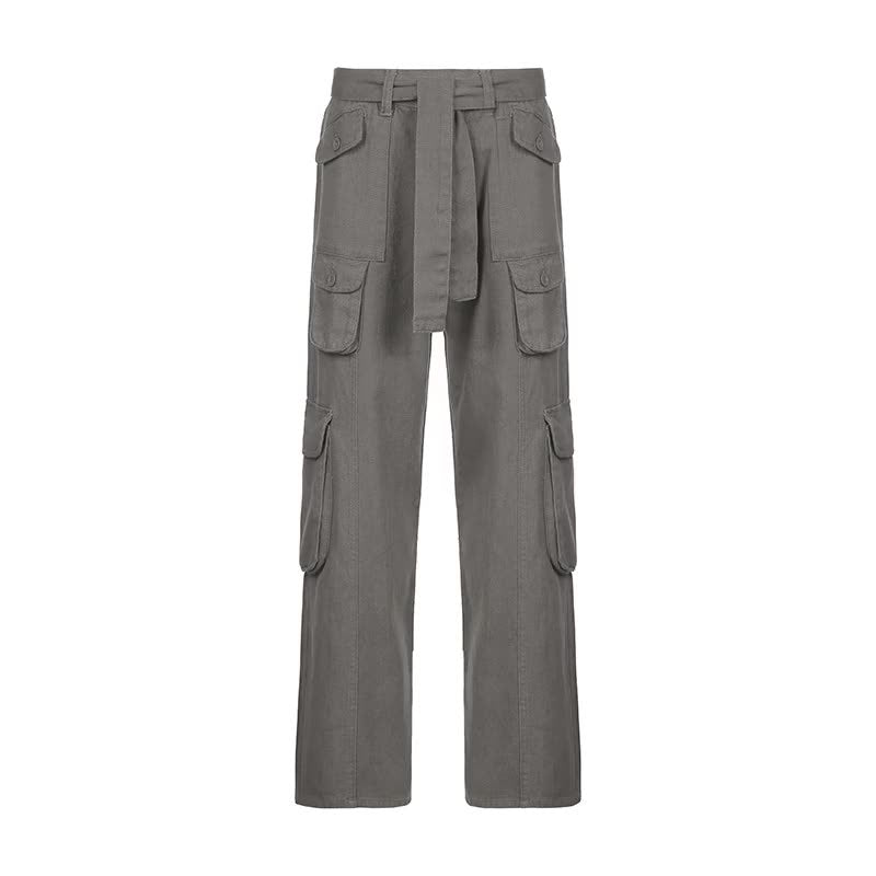 European and American style street hipster women's casual loose drawstring belt high waist pocket gray wide leg denim trousers