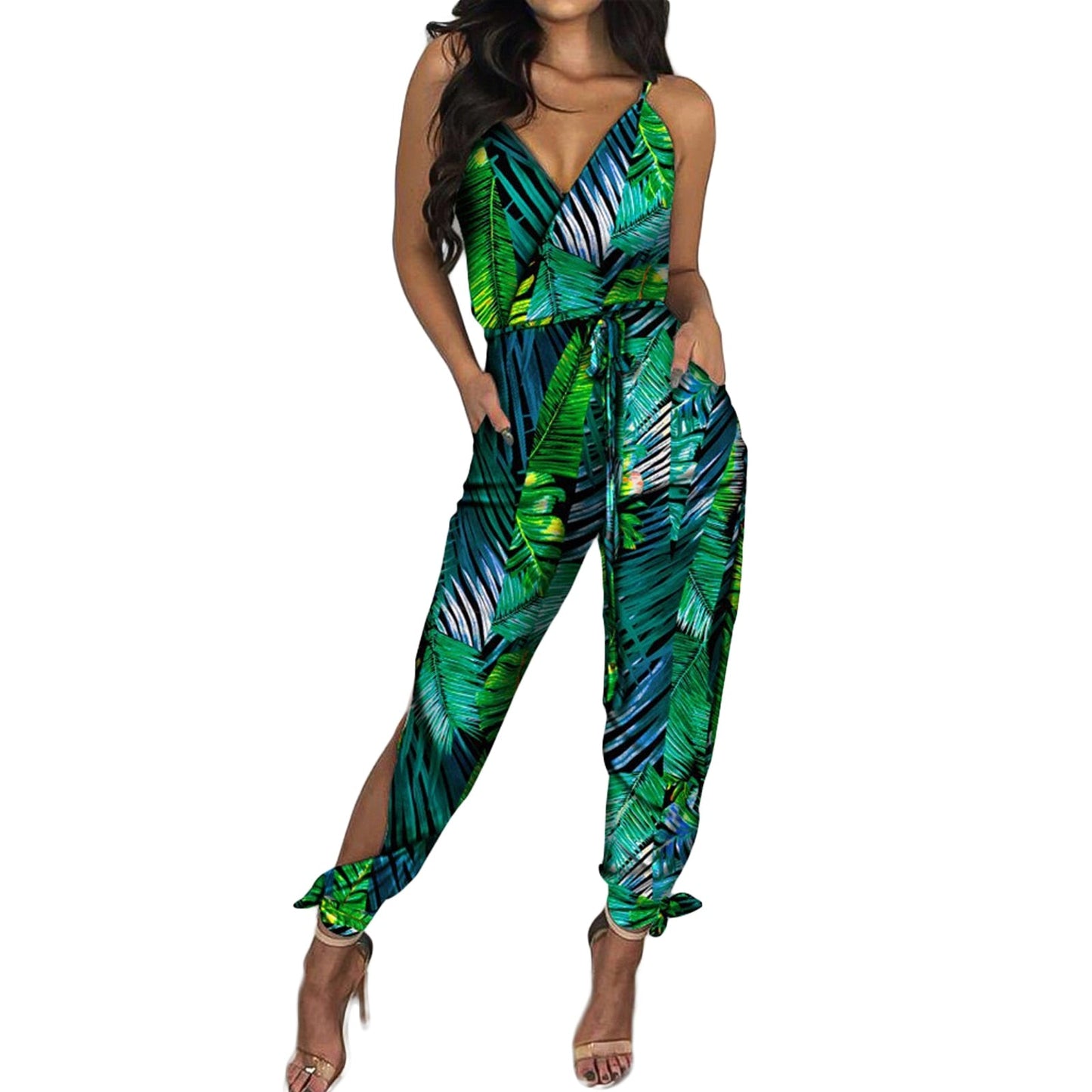 Autumn Women Casual Sleeveless V-Neck Jumpsuits Ladies Boho Floral Bodysuit Loose Long Pencil Side Slit Pants