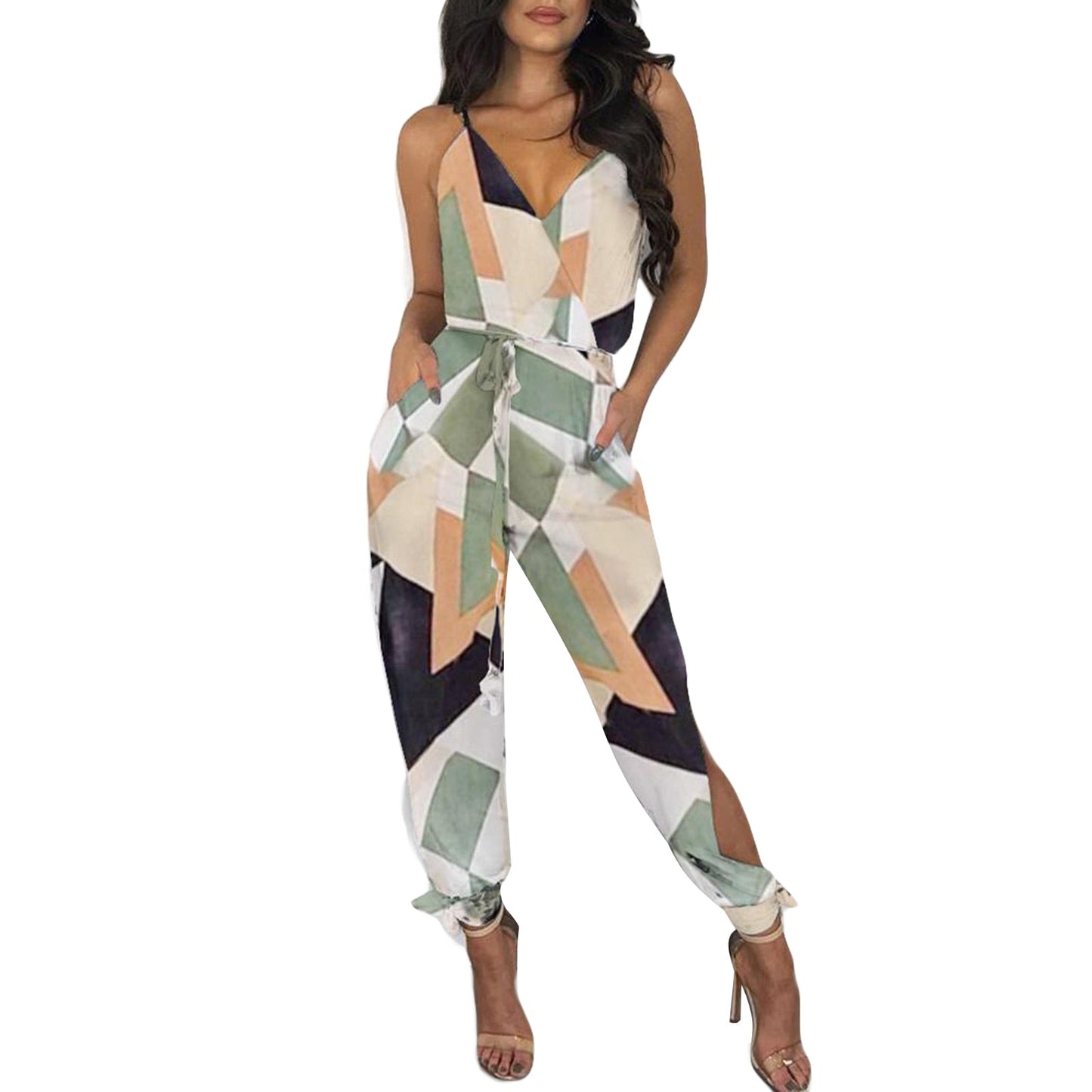 Autumn Women Casual Sleeveless V-Neck Jumpsuits Ladies Boho Floral Bodysuit Loose Long Pencil Side Slit Pants