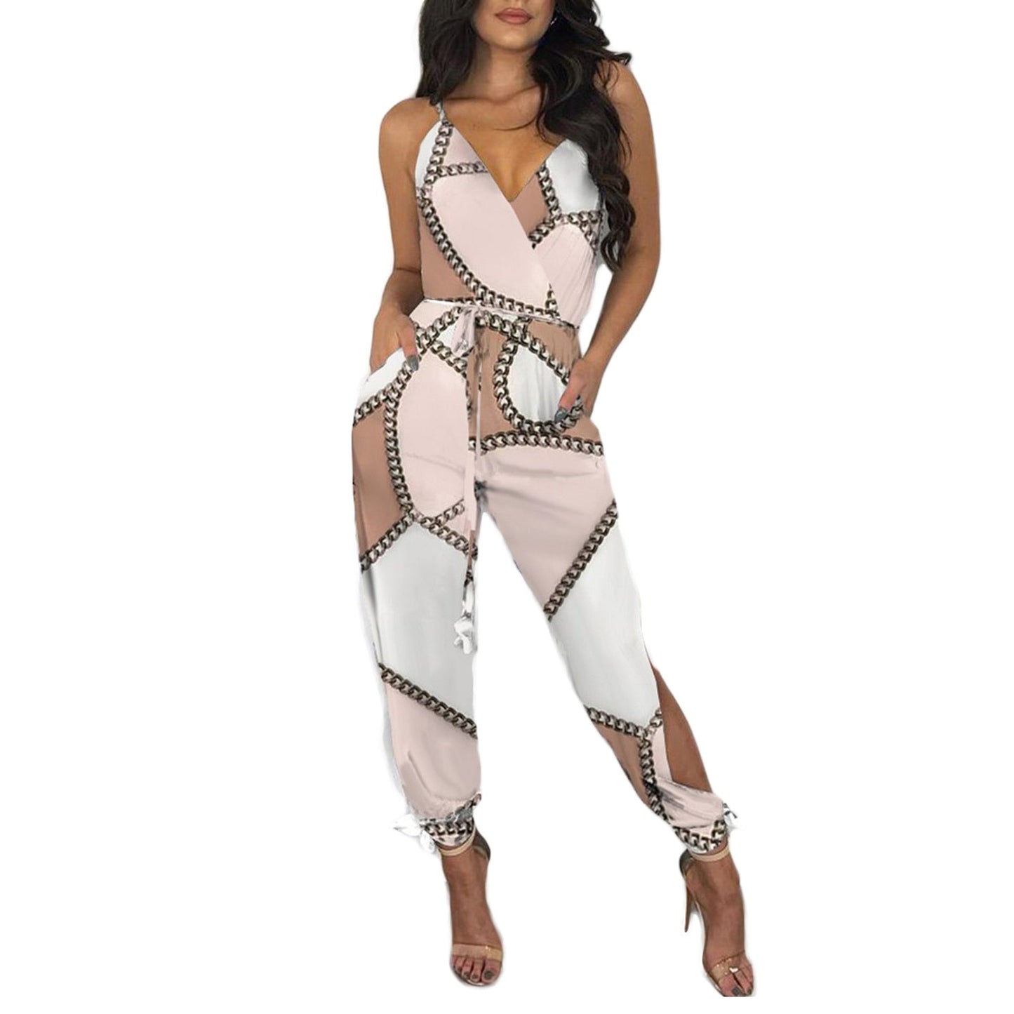 Autumn Women Casual Sleeveless V-Neck Jumpsuits Ladies Boho Floral Bodysuit Loose Long Pencil Side Slit Pants