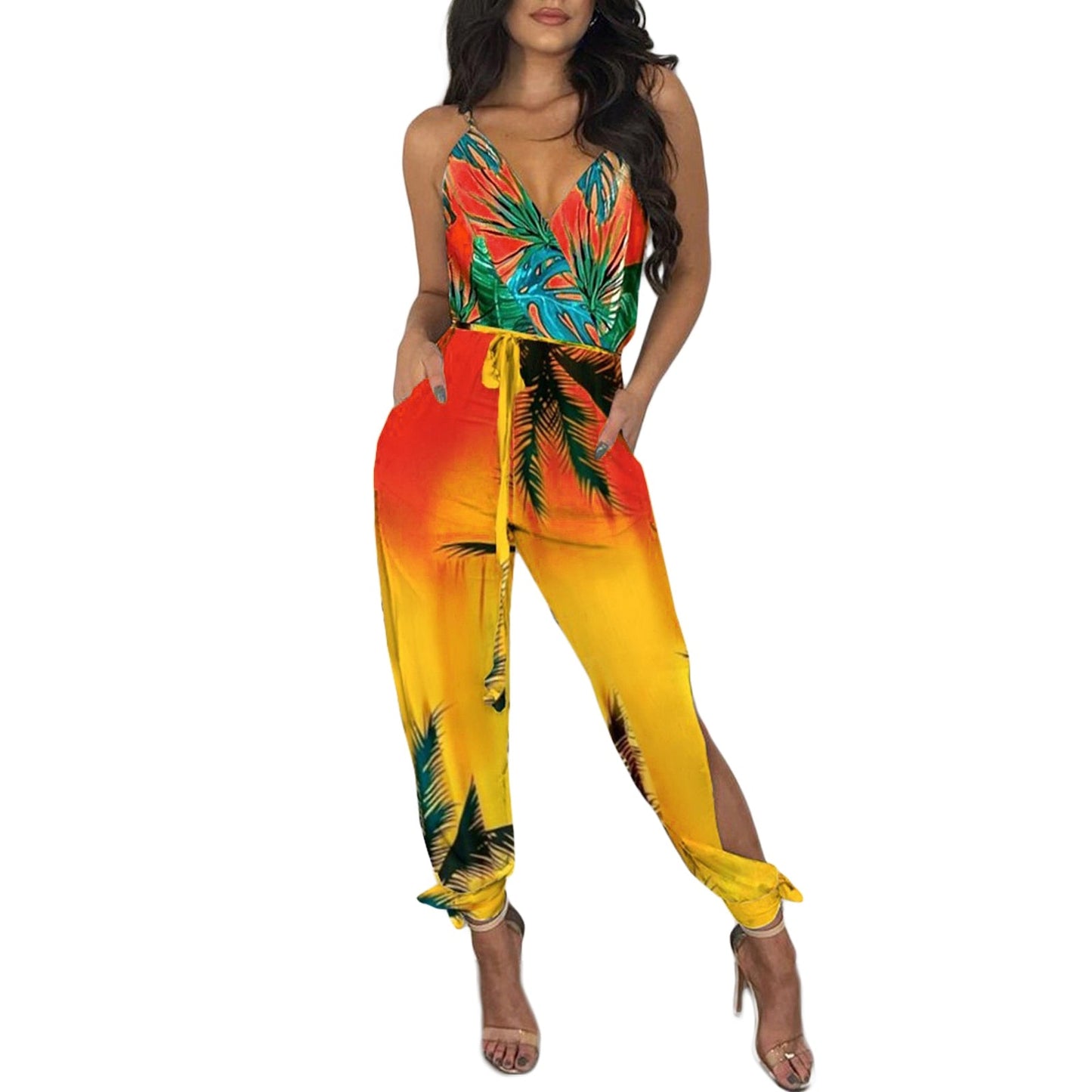 Autumn Women Casual Sleeveless V-Neck Jumpsuits Ladies Boho Floral Bodysuit Loose Long Pencil Side Slit Pants