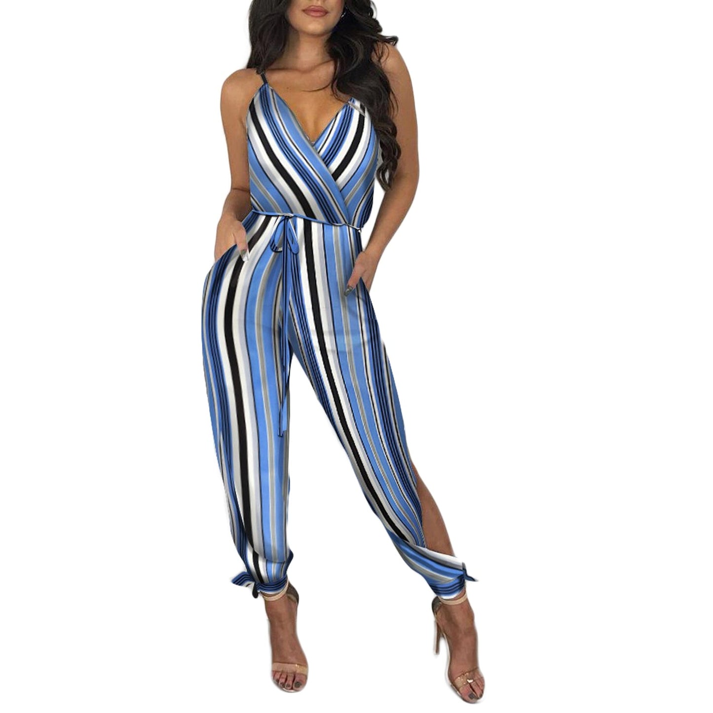 Autumn Women Casual Sleeveless V-Neck Jumpsuits Ladies Boho Floral Bodysuit Loose Long Pencil Side Slit Pants