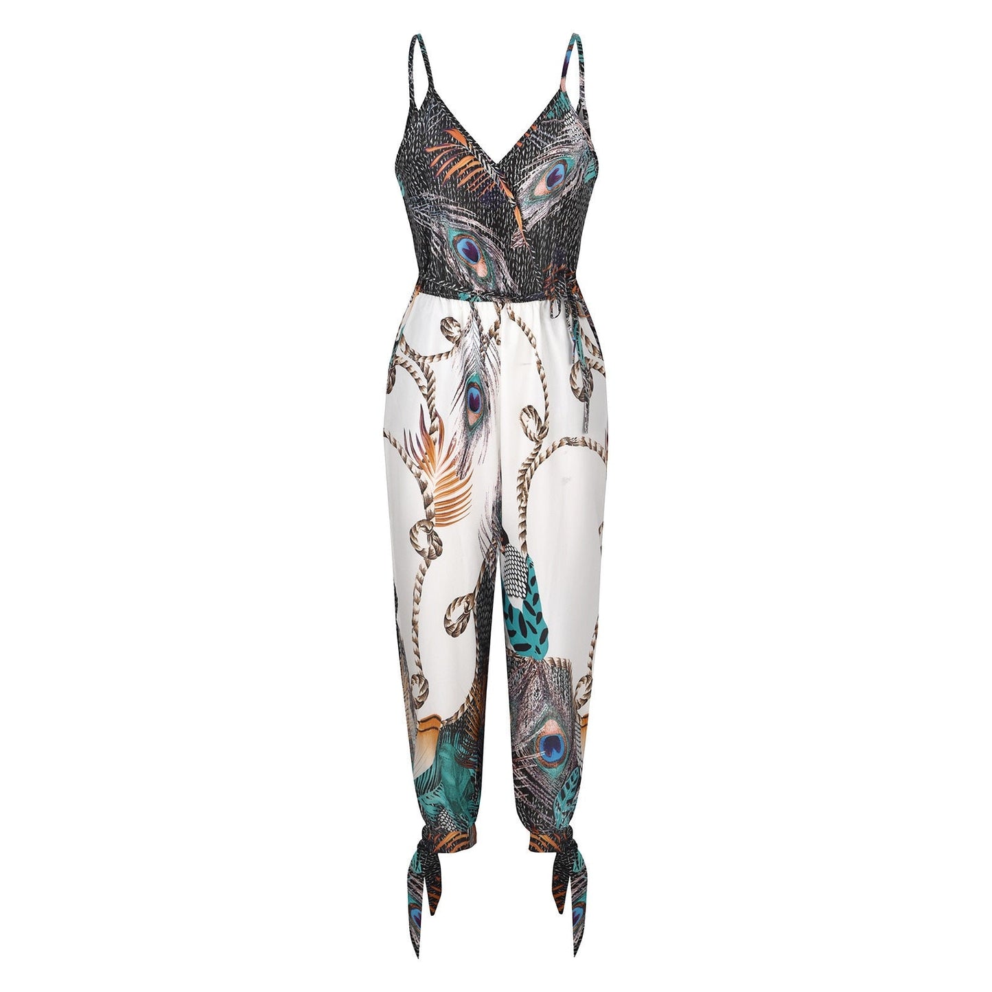 Autumn Women Casual Sleeveless V-Neck Jumpsuits Ladies Boho Floral Bodysuit Loose Long Pencil Side Slit Pants
